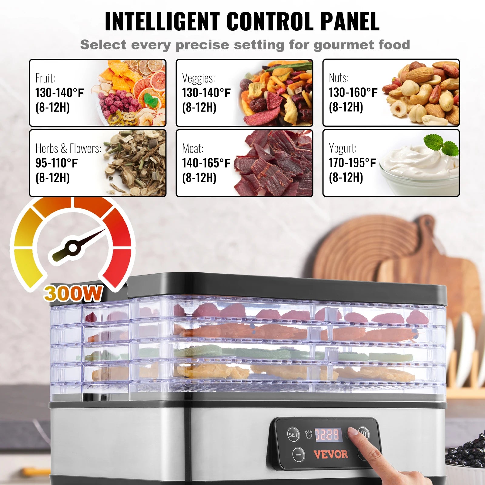 Food Dehydrator Machine, 5 Tray, 300W Stainless Steel Electric Food Dryer w/ Digital Adjustable Timer & Temperature
