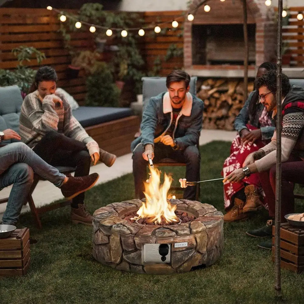 28 Inch Round Propane Gas Fire Pit, 40,000 BTU Stone Look Outdoor Propane Fire Pit with Lava Rocks & PVC Cover,