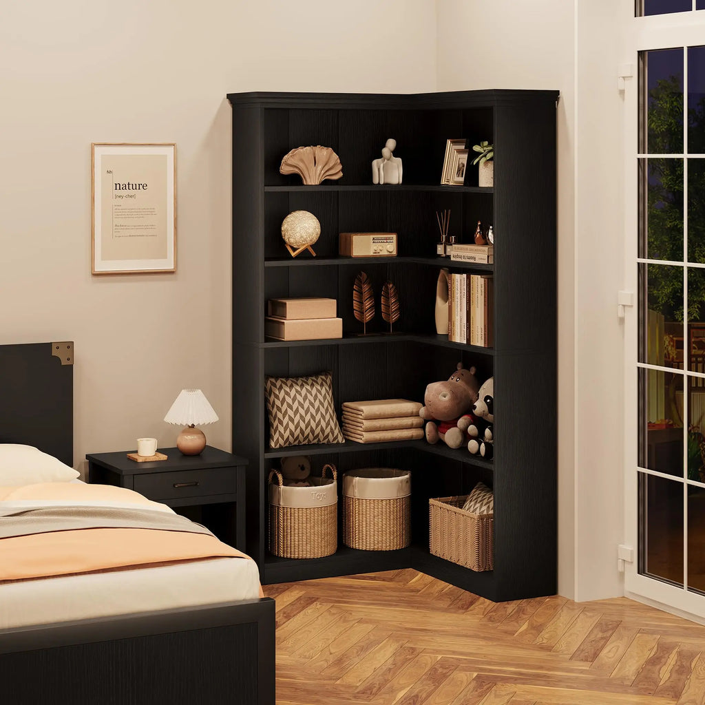 Wooden L-Shaped Corner Bookcase, 72.8" Tall