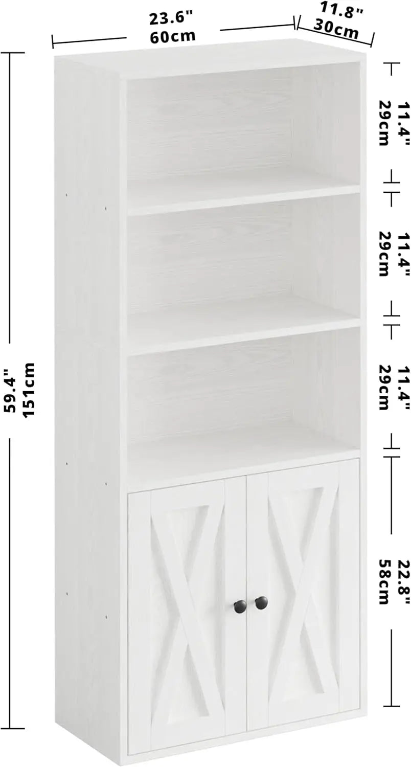 Industrial Bookcase with Doors 11.8 in Depth Floor Standing 5 Shelf Display Storage Bookcase Shelves