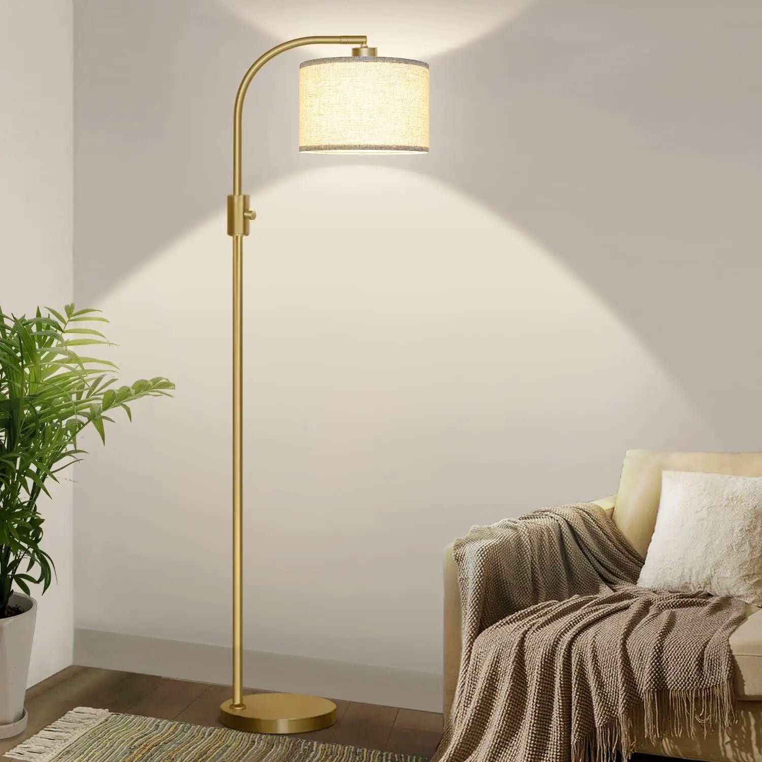 Modern Arc Dimmable Floor Lamp with Linen Shade, 1200 Lumens LED Bulb Included, Gold Finish for Living Room & Bedroom