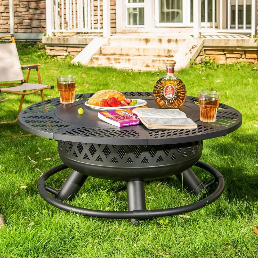 36 Inch Round Metal Wood Burning Fire Pit with Grill,  with Lid & Fire Poker