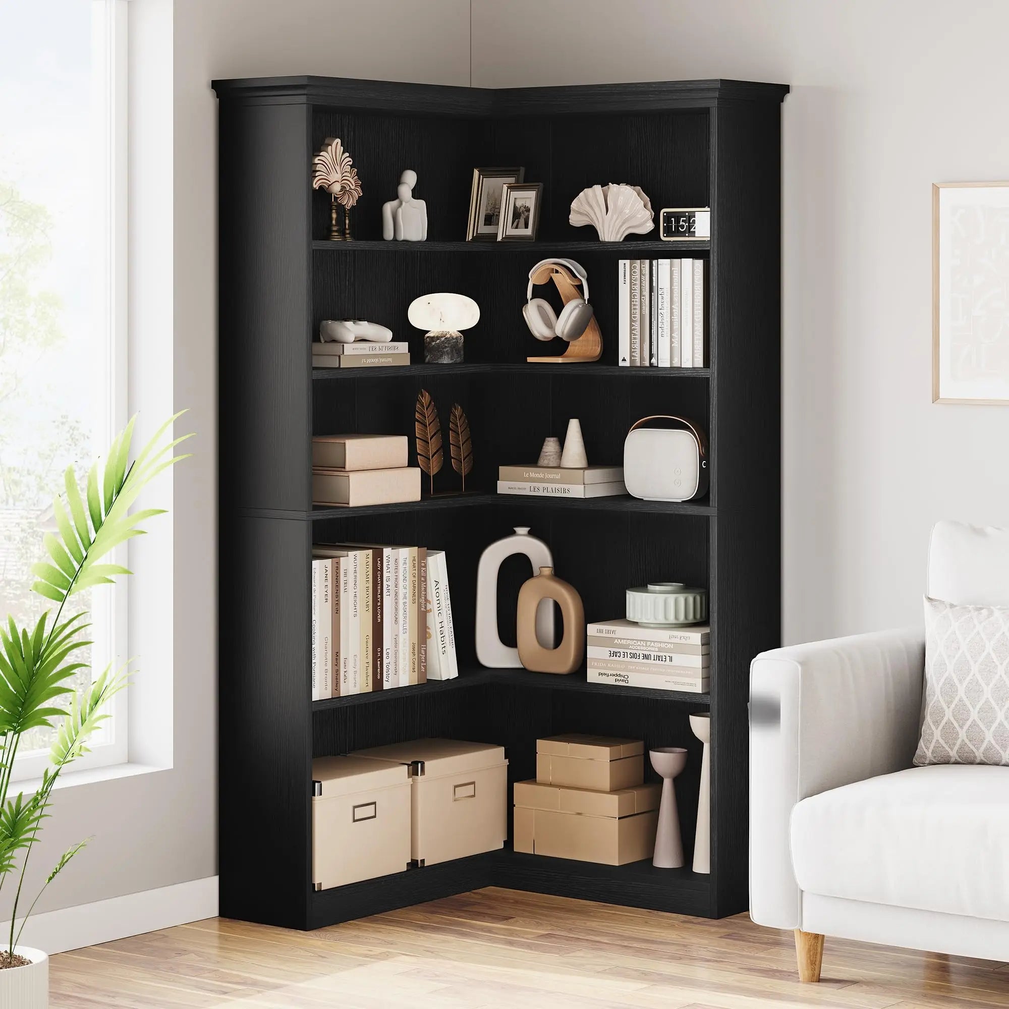 Wooden L-Shaped Corner Bookcase, 72.8" Tall