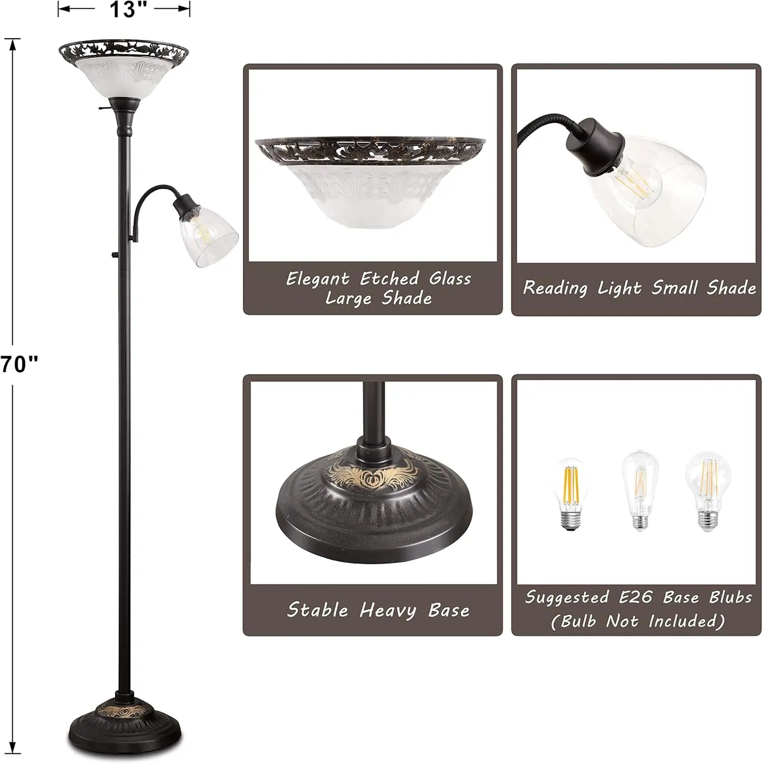 70" Vintage Floor Lamp with Etched Glass Shade