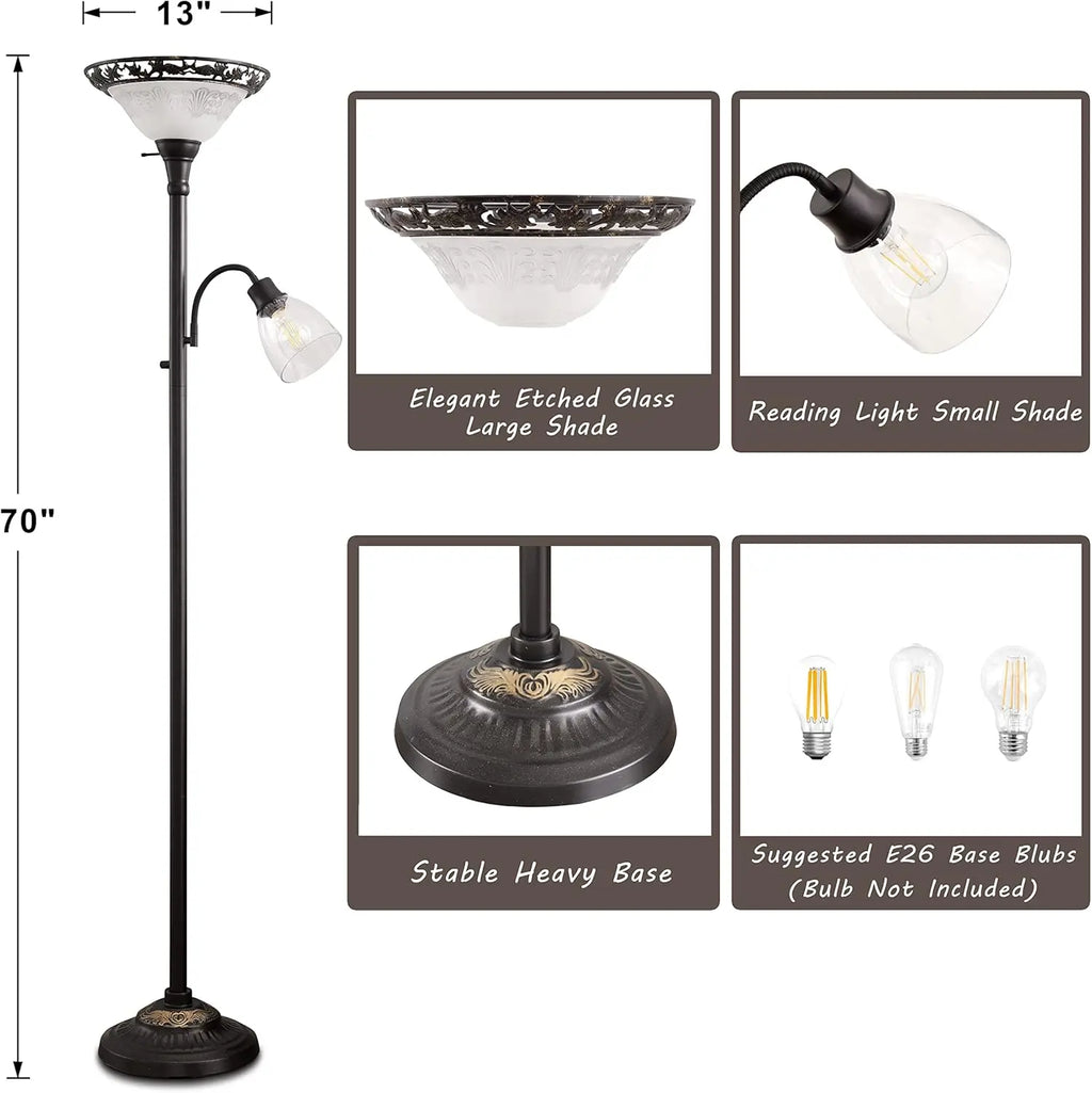 70" Vintage Floor Lamp with Etched Glass Shade