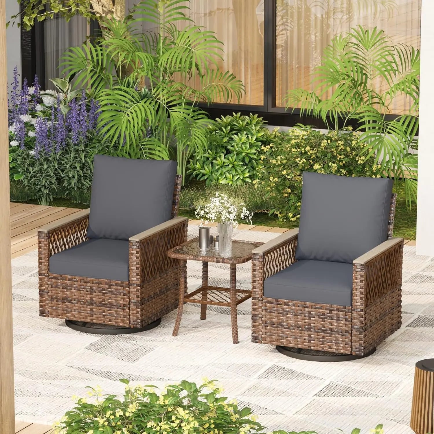 3 Pcs Patio Bistro Set with Table, has Thickened Cushions and High Backs