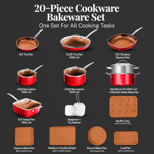 20 Pc Pots and Pans Nonstick Cookware Set with Lids + Bakeware Set Complete