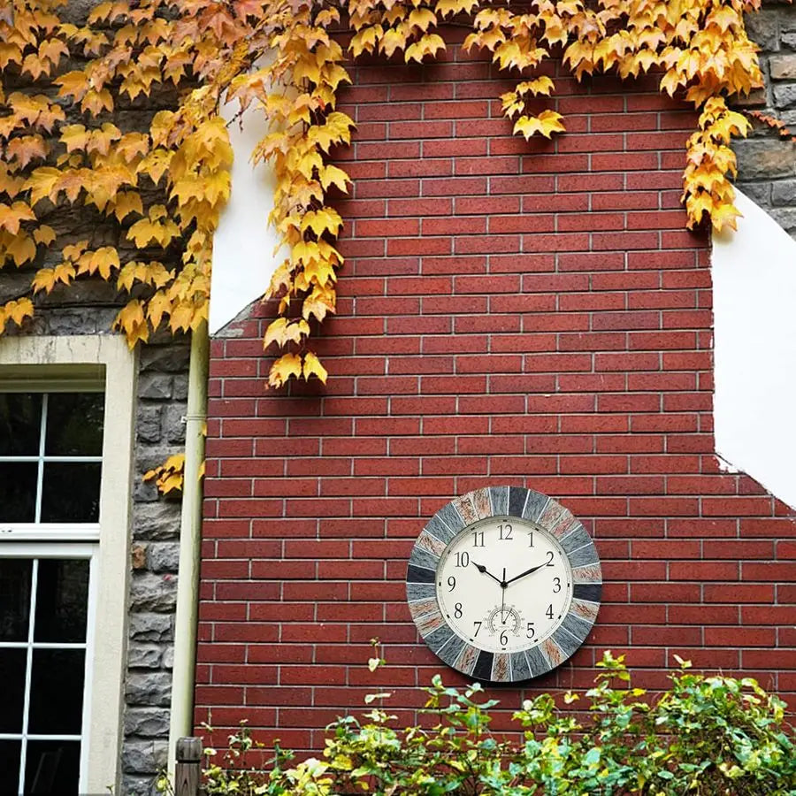 13 Inch Outdoor Clock with Thermometer, Waterproof Wall Clock, Battery Operated