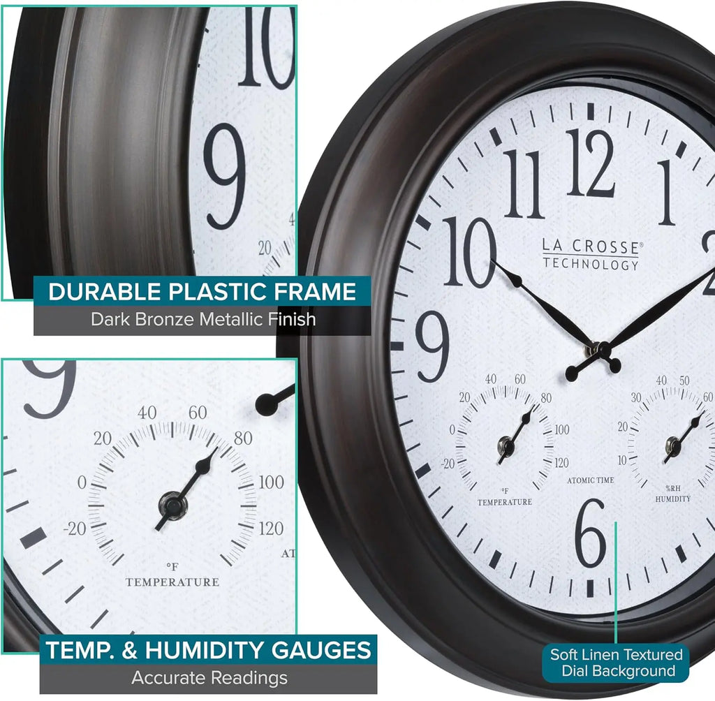 18-Inch Atomic Analog Wall Clock with Temperature & Humidity Display for Indoor/Outdoor Use