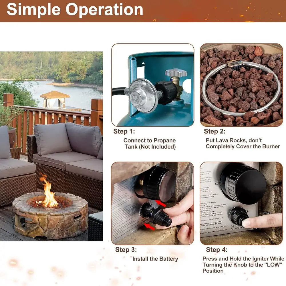28 Inch Round Propane Gas Fire Pit, 40,000 BTU Stone Look Outdoor Propane Fire Pit with Lava Rocks & PVC Cover,
