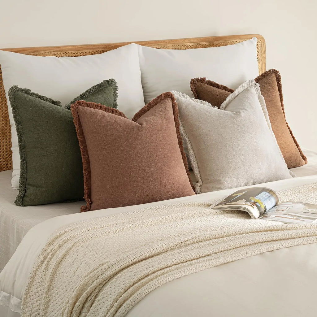 Set of 4 Neutral Linen Fringe Throw Pillows,   Living Room Decor,