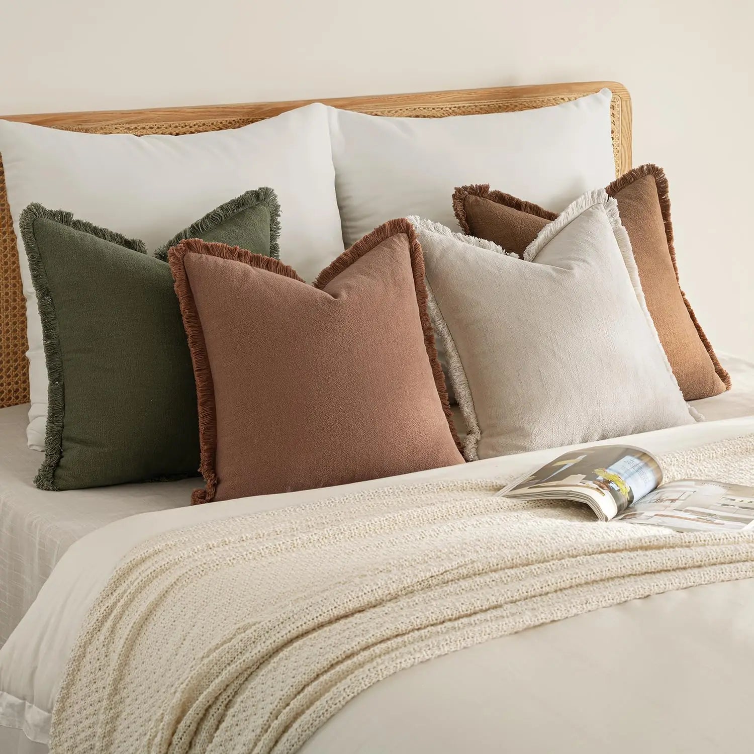 Set of 4 Neutral Linen Fringe Throw Pillows,   Living Room Decor,