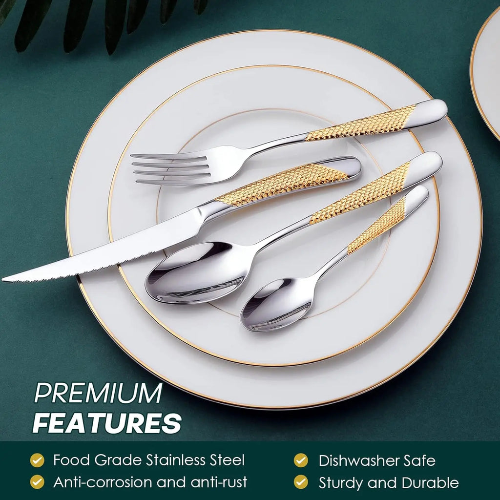 24-Piece Hammered Silver Gold Stainless Steel Flatware Set for 6,
