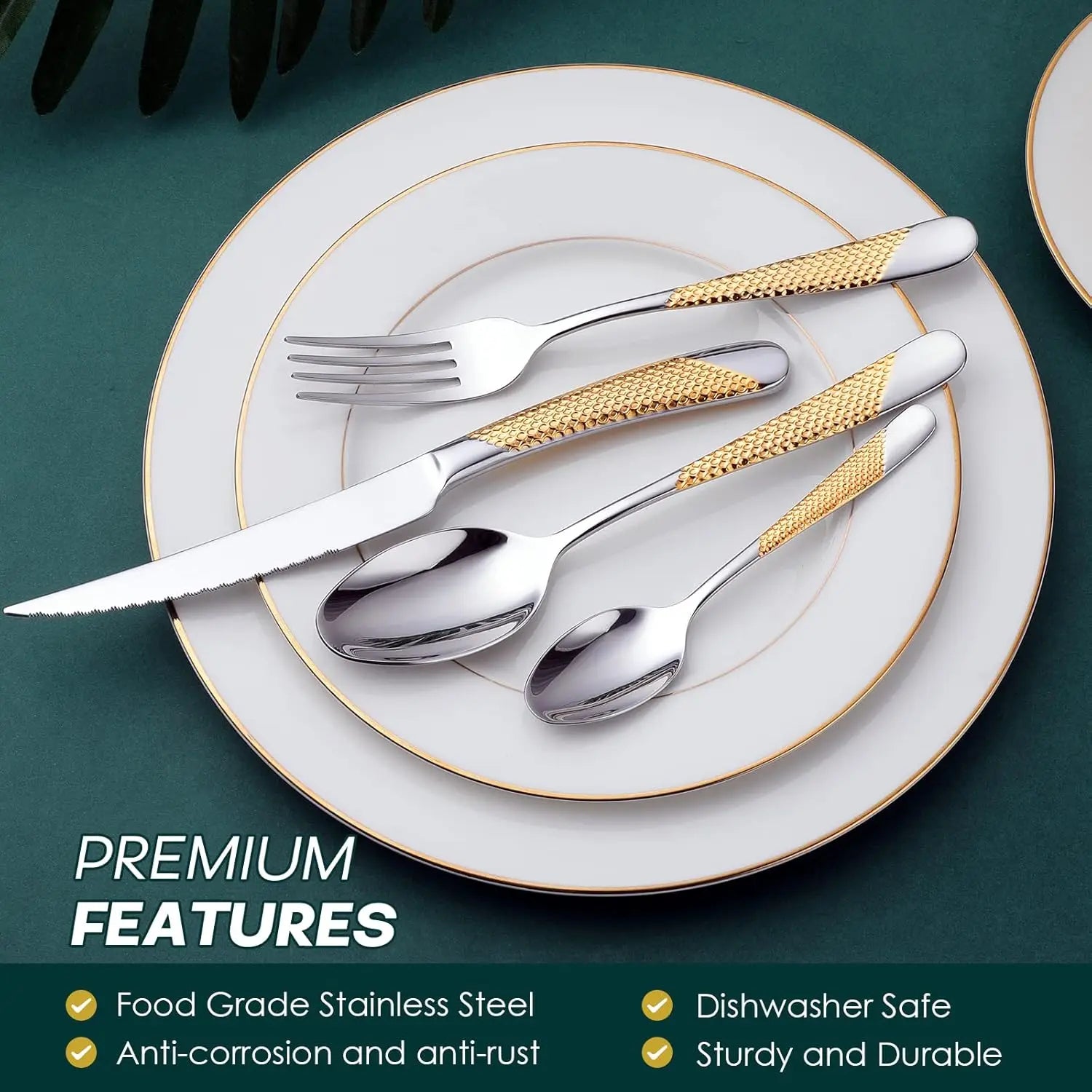 24-Piece Hammered Silver Gold Stainless Steel Flatware Set for 6,