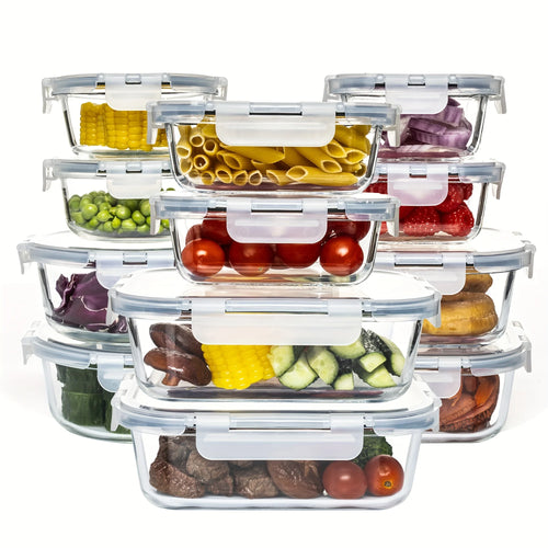 24PCS (12containers+12lids) High Borosilicate Glass Food Storage Containers Set