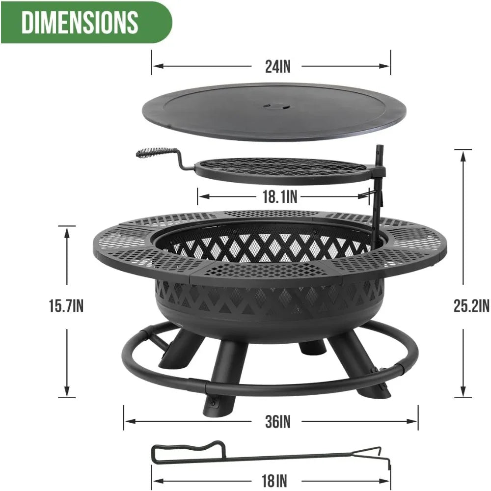 36 Inch Round Metal Wood Burning Fire Pit with Grill,  with Lid & Fire Poker
