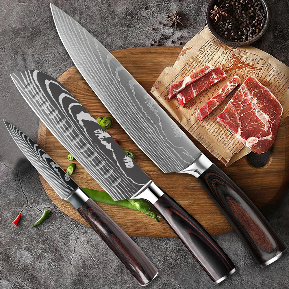 ZENG 3pc  Kitchen Knife Set, High Carbon Stainless Steel Chef Knifes with Ultra Sharp Blade & Wooden Handle