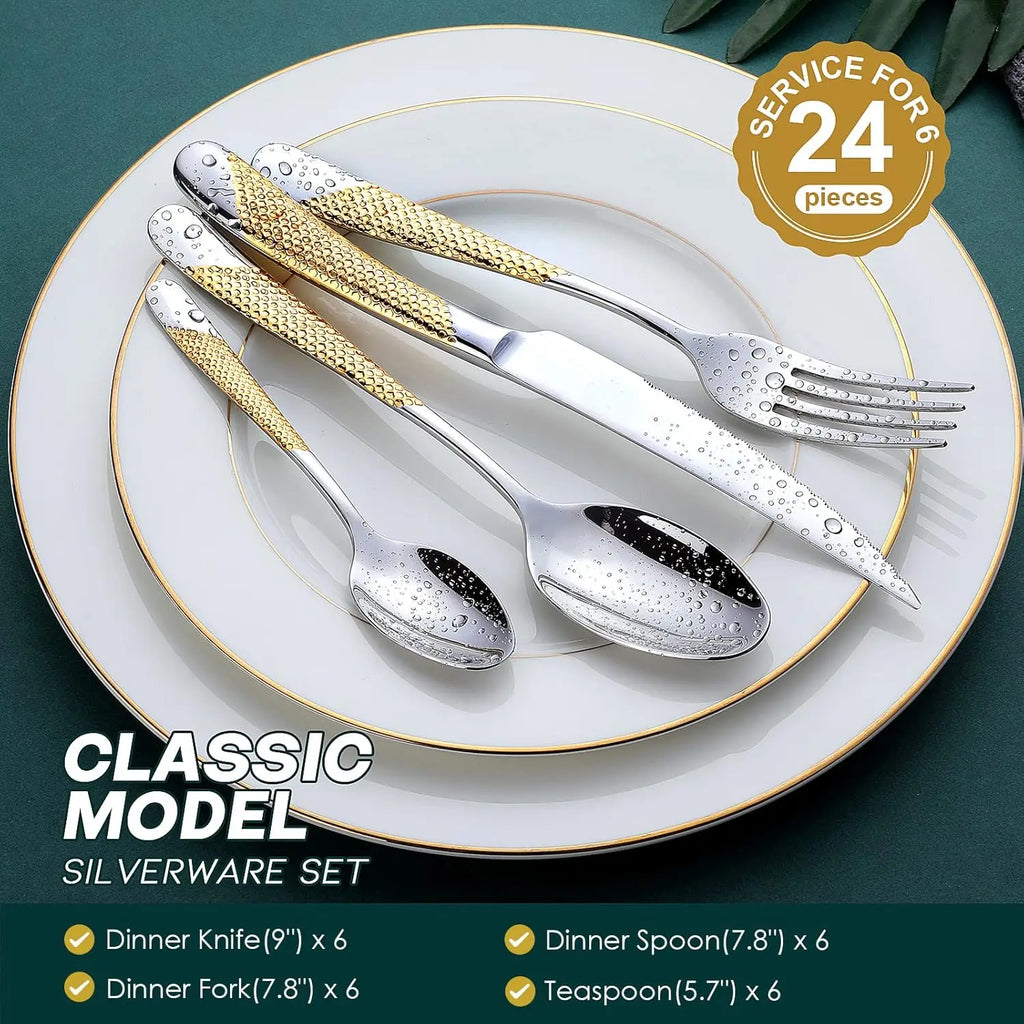 24-Piece Hammered Silver Gold Stainless Steel Flatware Set for 6,