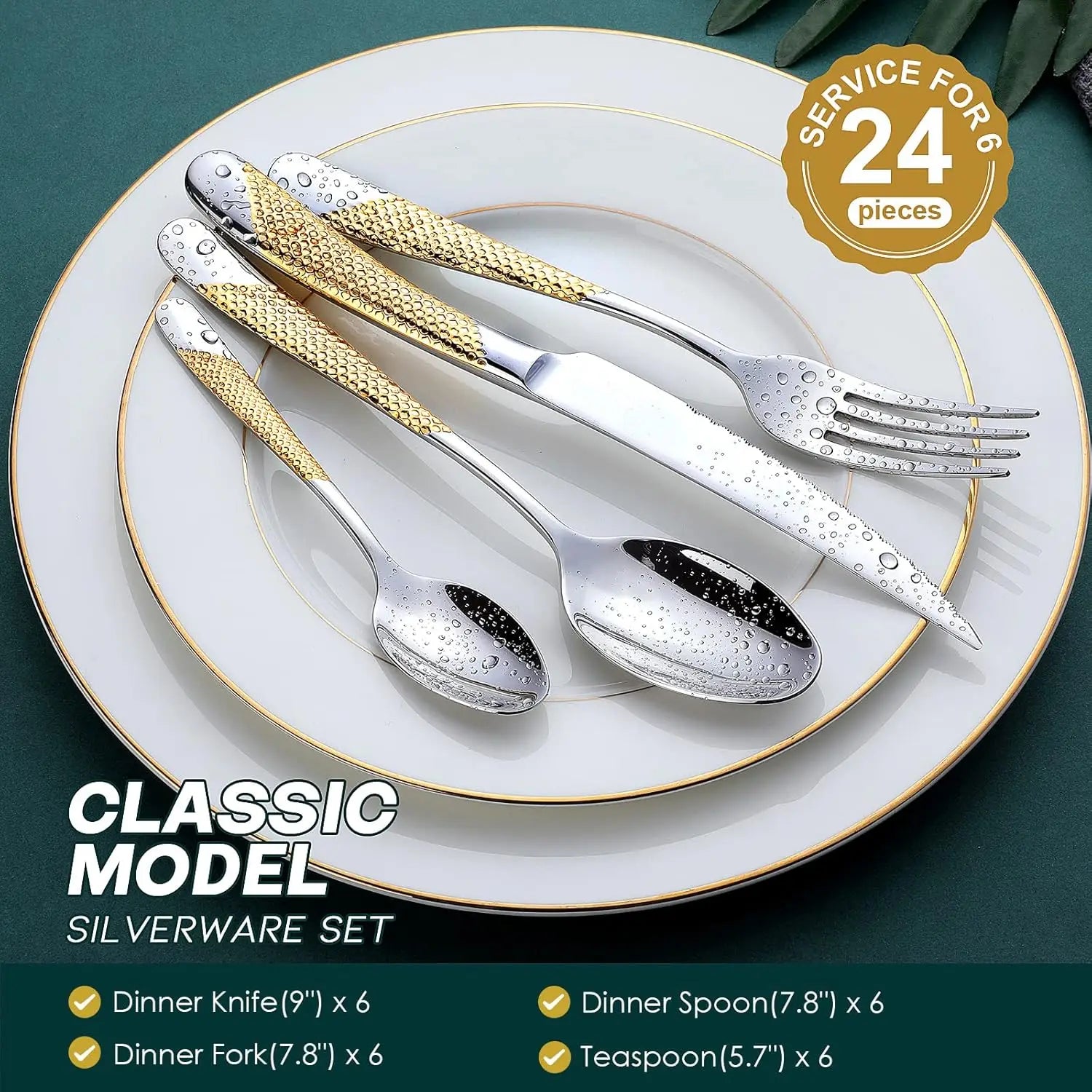 24-Piece Hammered Silver Gold Stainless Steel Flatware Set for 6,