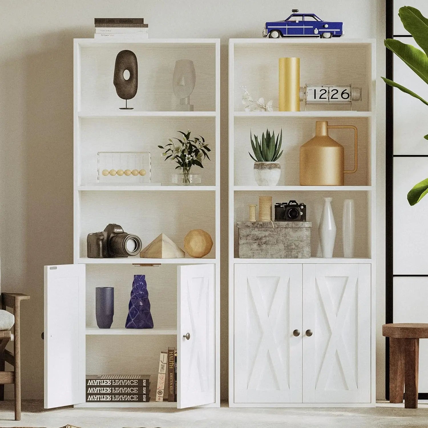 Industrial Bookcase with Doors 11.8 in Depth Floor Standing 5 Shelf Display Storage Bookcase Shelves