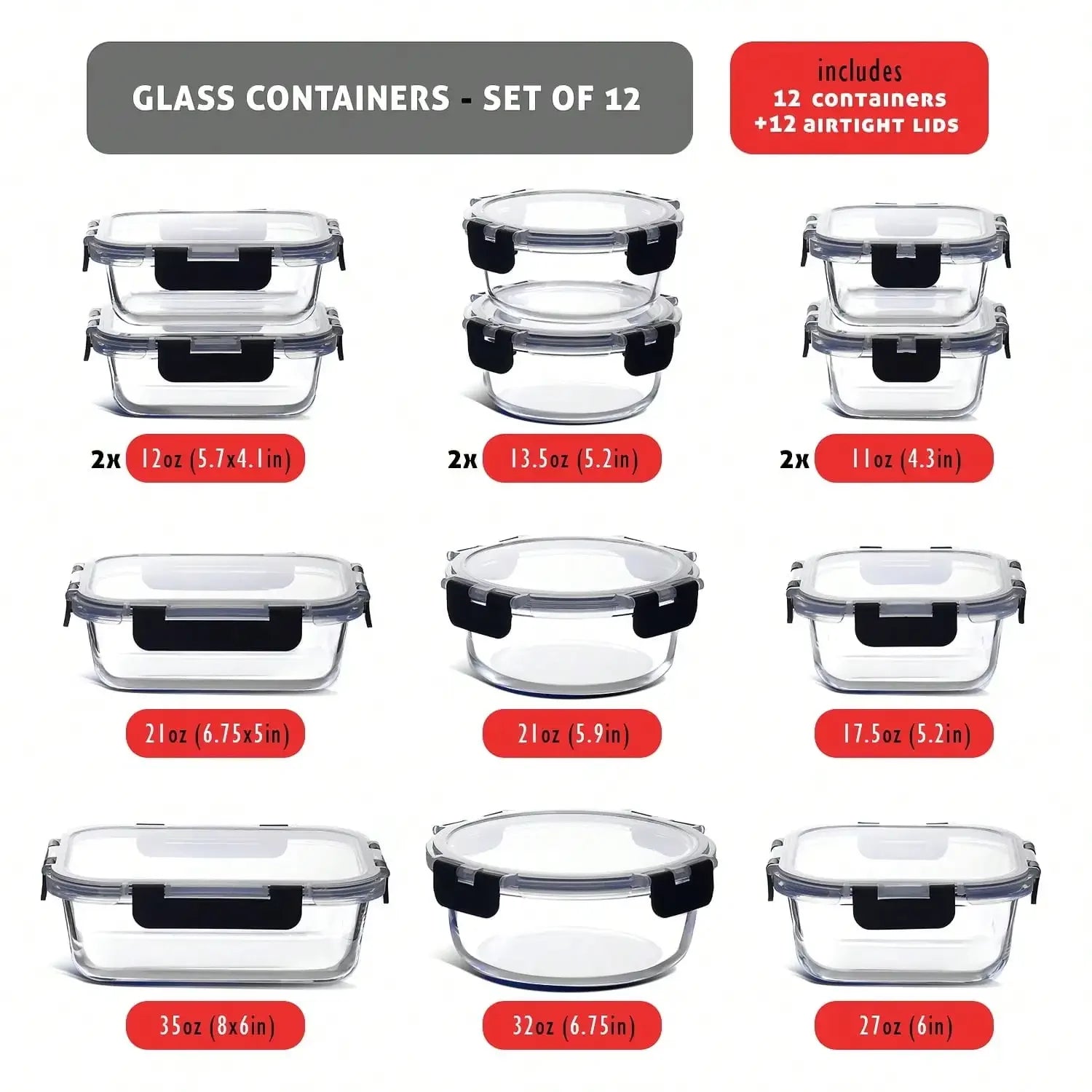 12-piece set of Glass Food Storage Containers with lids
