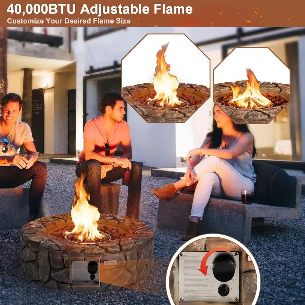 28 Inch Round Propane Gas Fire Pit, 40,000 BTU Stone Look Outdoor Propane Fire Pit with Lava Rocks & PVC Cover,