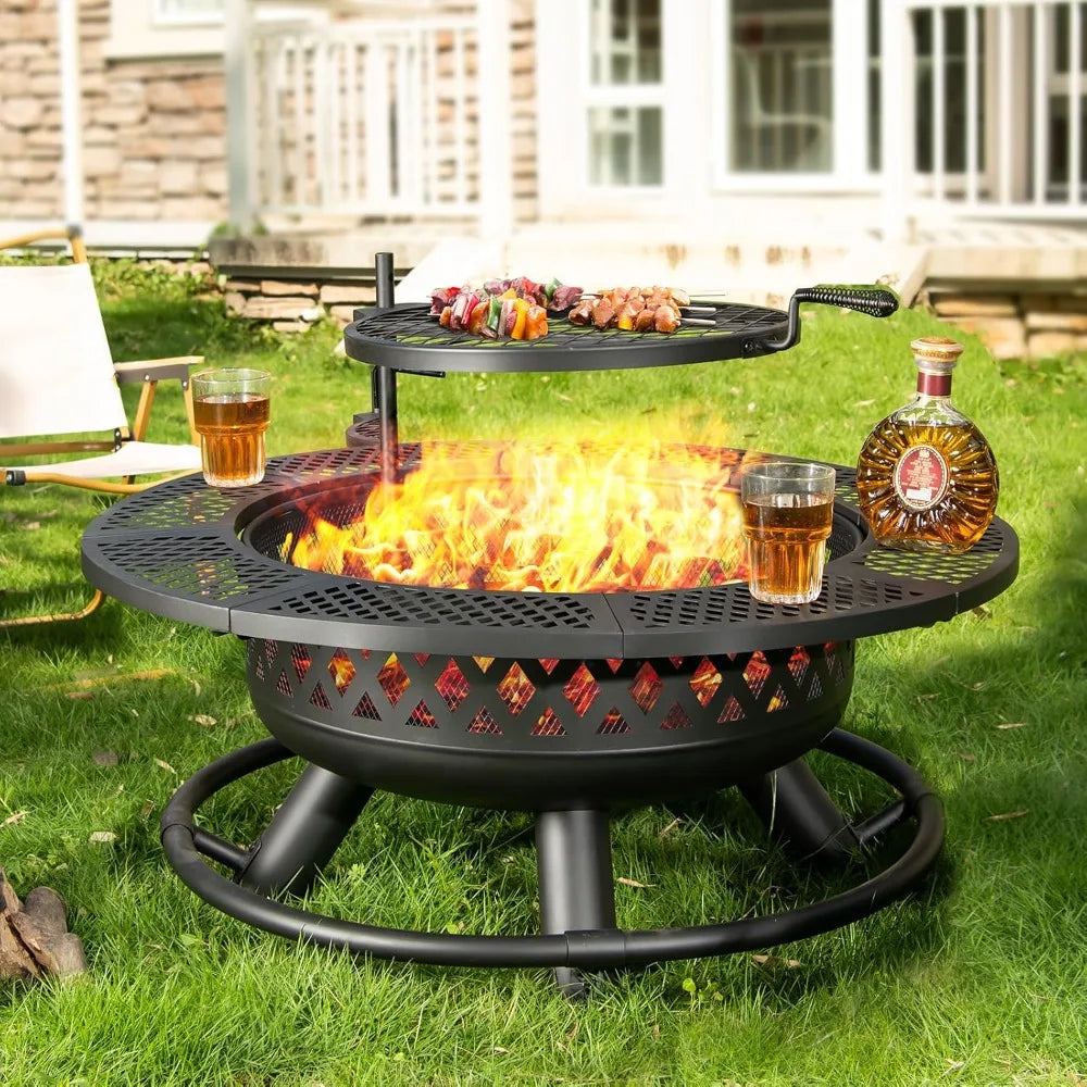 36 Inch Round Metal Wood Burning Fire Pit with Grill,  with Lid & Fire Poker