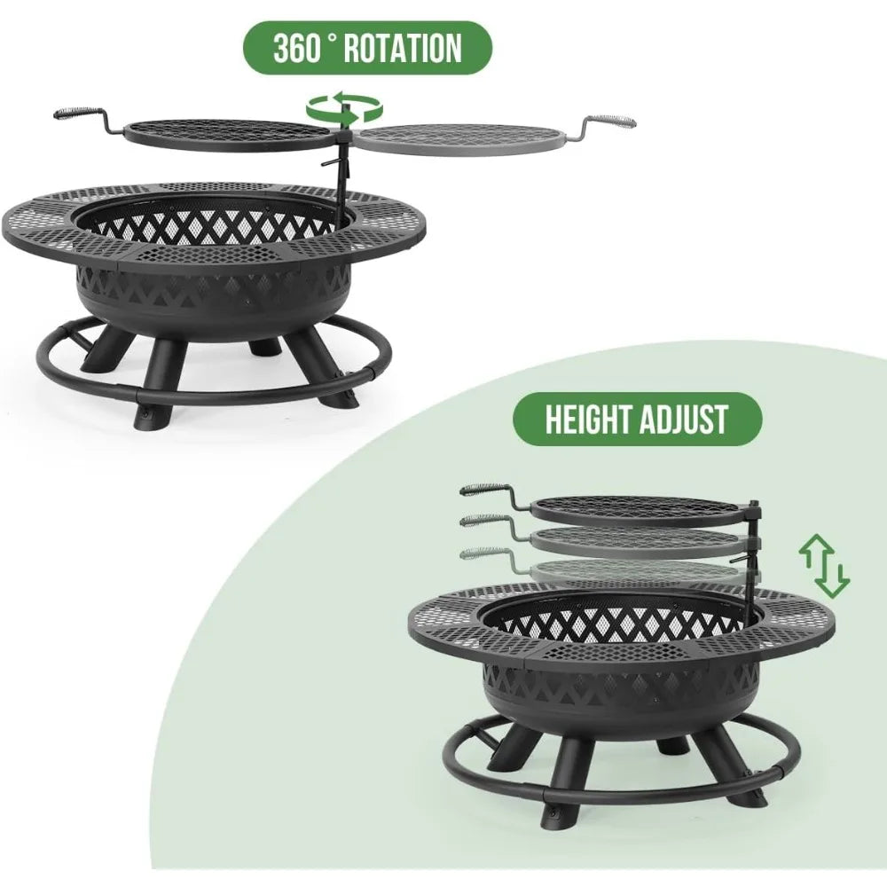 36 Inch Round Metal Wood Burning Fire Pit with Grill,  with Lid & Fire Poker