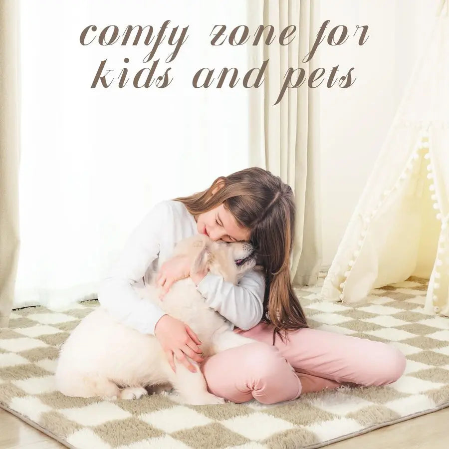 Soft Rug for Bedroom, 6x9 Ft Beige and White Checker Board