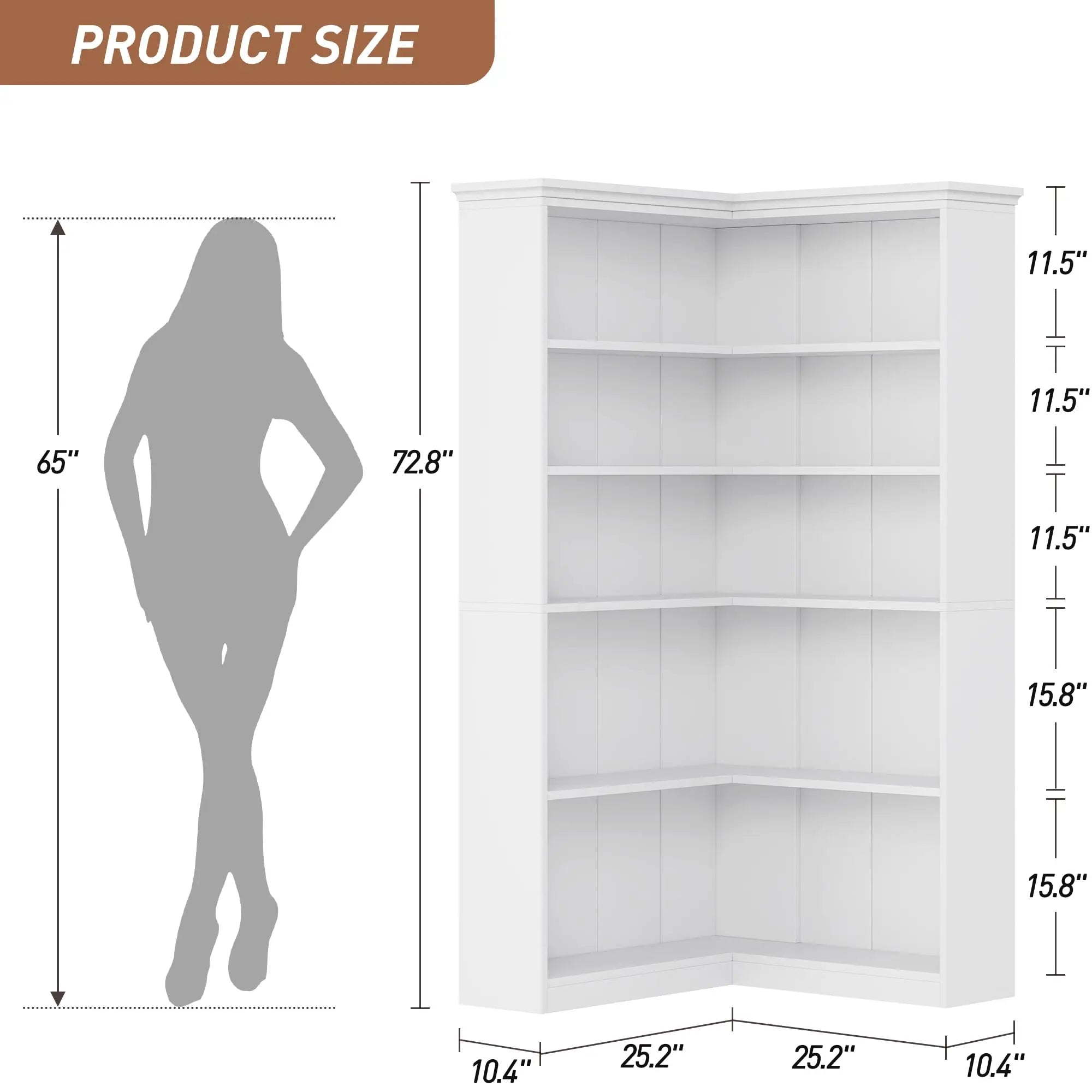 Wooden L-Shaped Corner Bookcase, 72.8" Tall