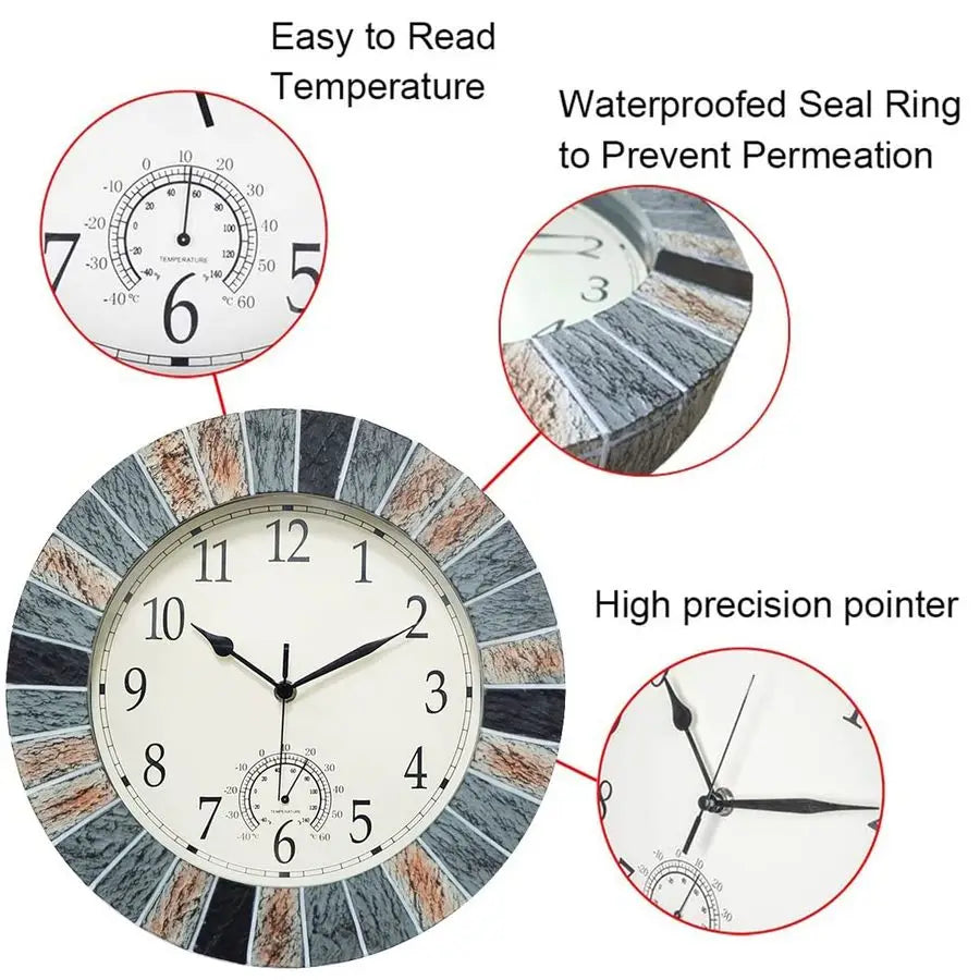 13 Inch Outdoor Clock with Thermometer, Waterproof Wall Clock, Battery Operated