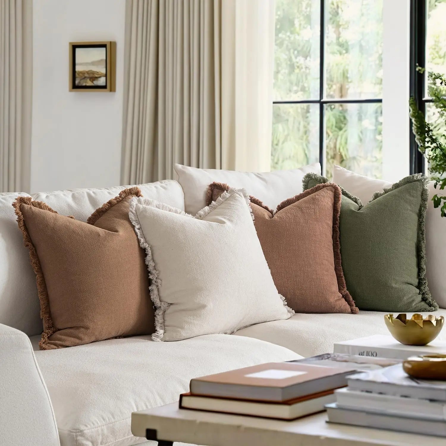 Set of 4 Neutral Linen Fringe Throw Pillows,   Living Room Decor,