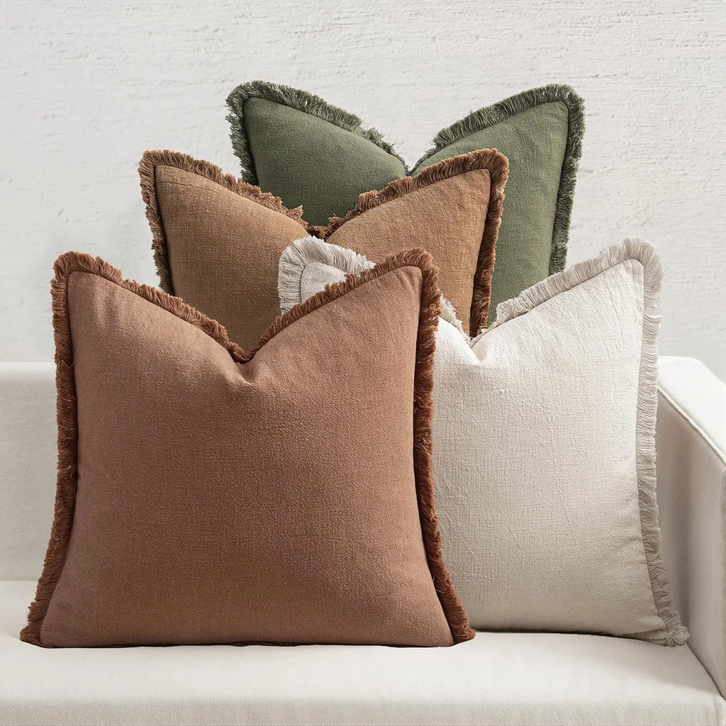 Set of 4 Neutral Linen Fringe Throw Pillows,   Living Room Decor,
