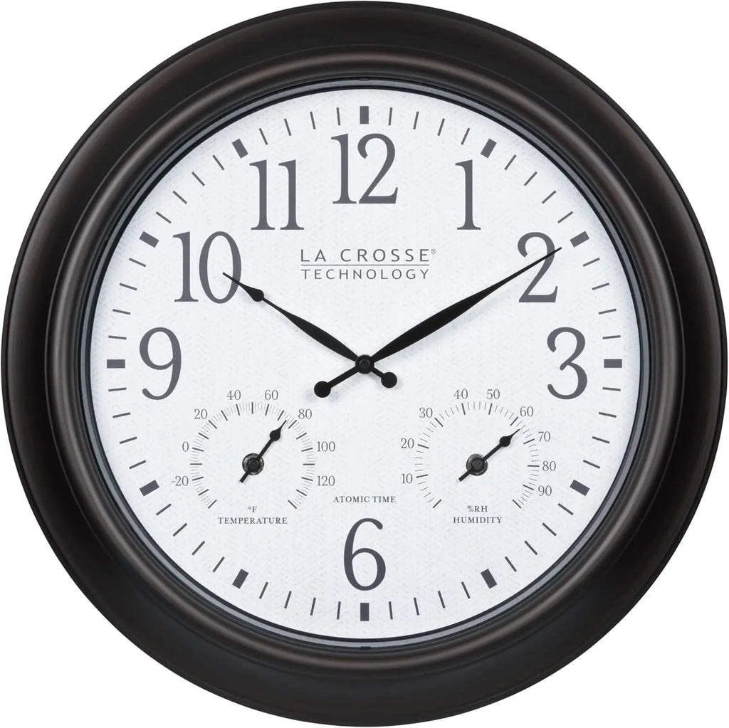 18-Inch Atomic Analog Wall Clock with Temperature & Humidity Display for Indoor/Outdoor Use