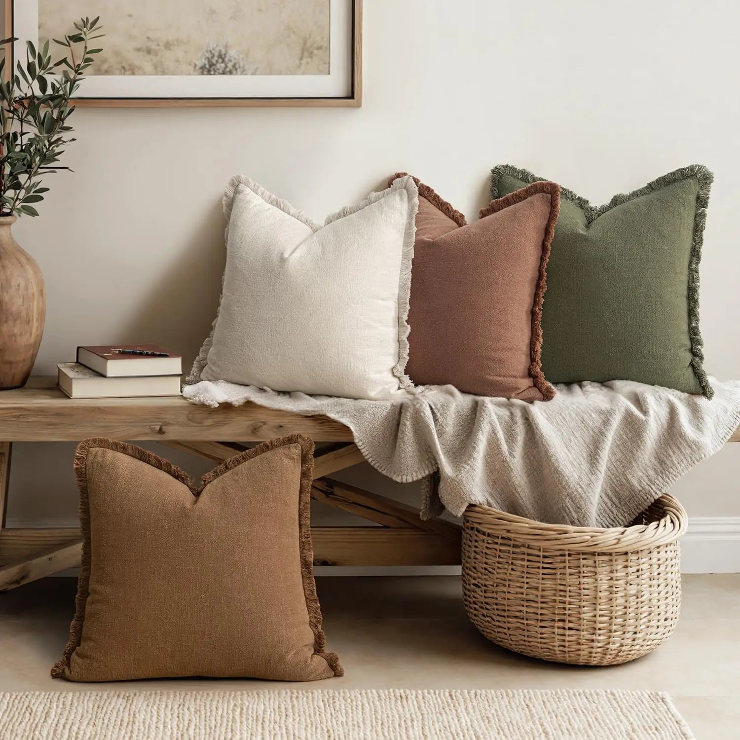 Set of 4 Neutral Linen Fringe Throw Pillows,   Living Room Decor,