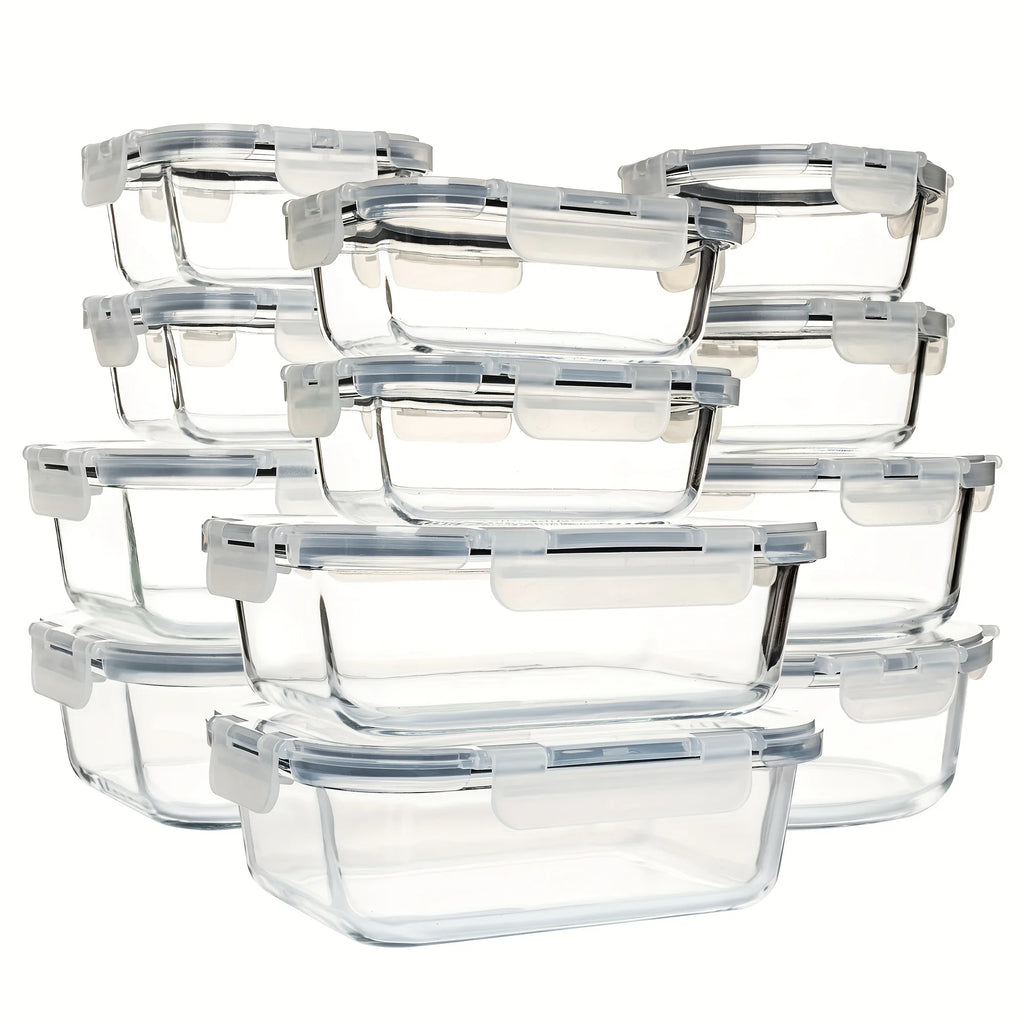 24PCS (12containers+12lids) High Borosilicate Glass Food Storage Containers Set