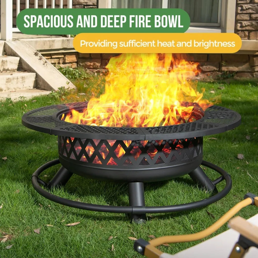 36 Inch Round Metal Wood Burning Fire Pit with Grill,  with Lid & Fire Poker