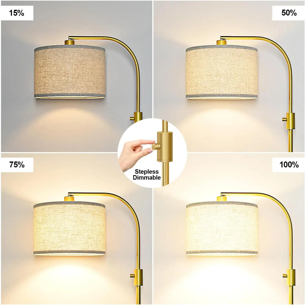 Modern Arc Dimmable Floor Lamp with Linen Shade, 1200 Lumens LED Bulb Included, Gold Finish for Living Room & Bedroom