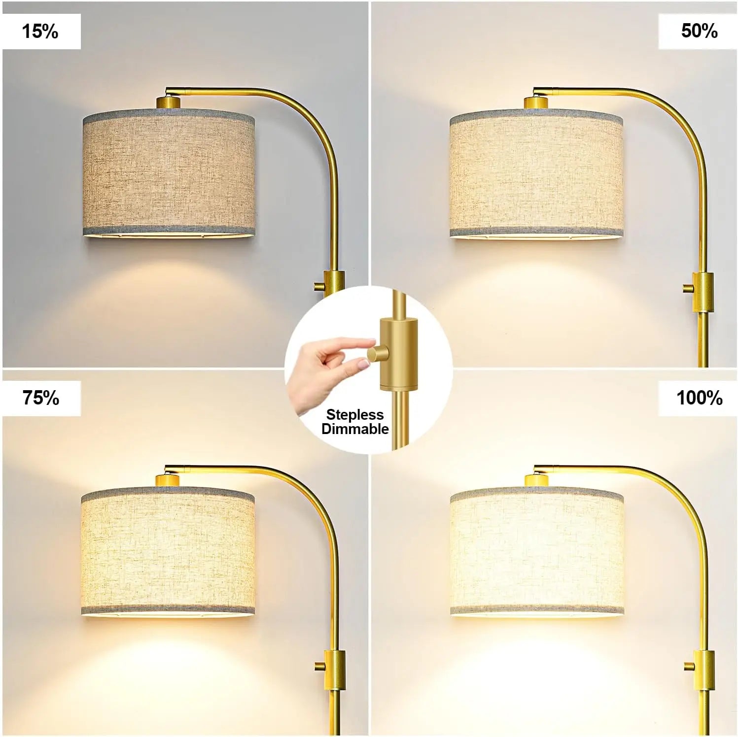 Modern Arc Dimmable Floor Lamp with Linen Shade, 1200 Lumens LED Bulb Included, Gold Finish for Living Room & Bedroom