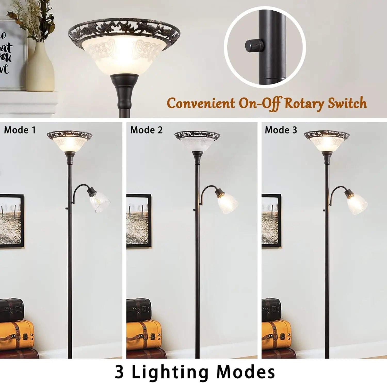 70" Vintage Floor Lamp with Etched Glass Shade