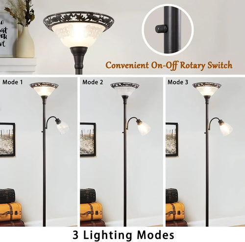 70" Vintage Floor Lamp with Etched Glass Shade