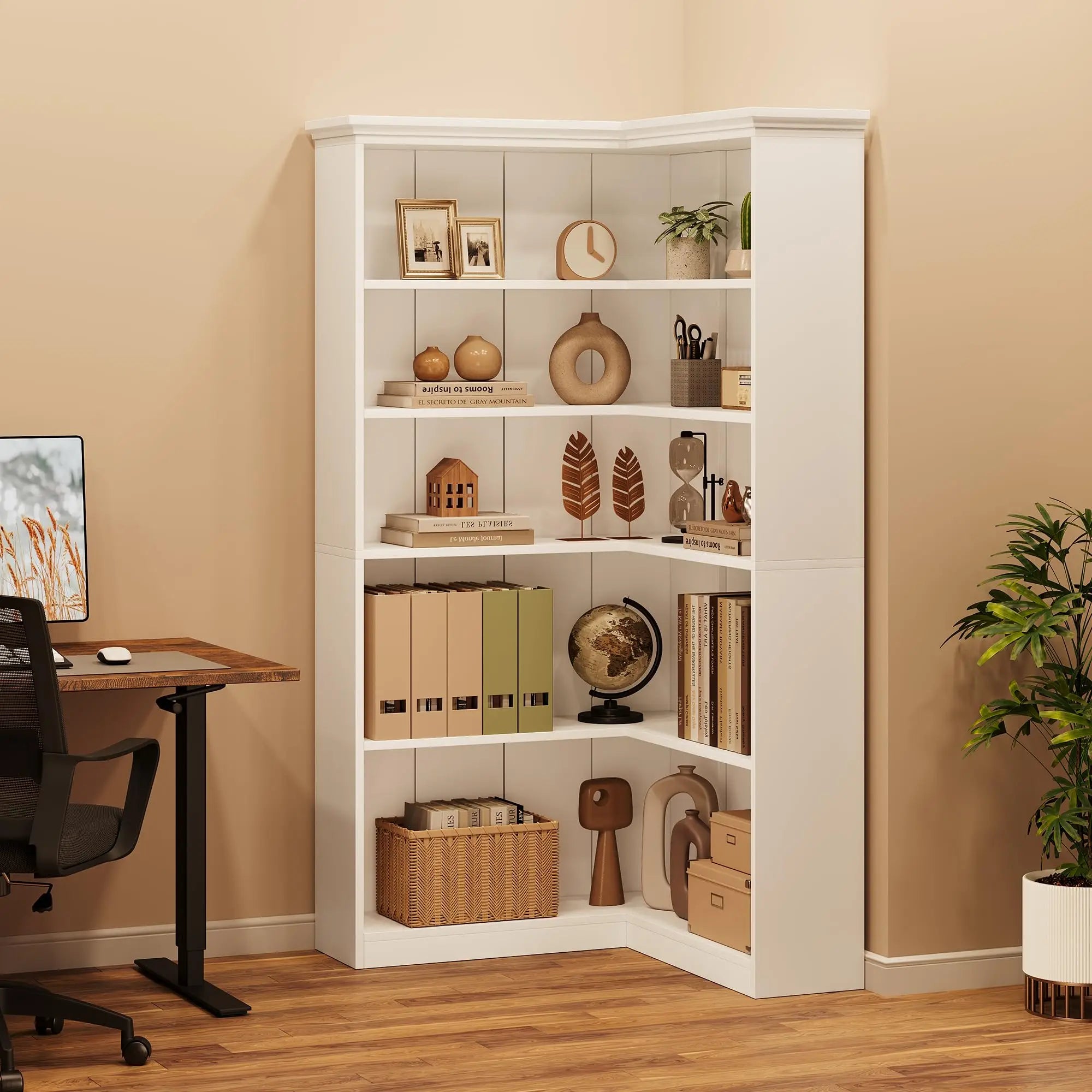 Wooden L-Shaped Corner Bookcase, 72.8" Tall