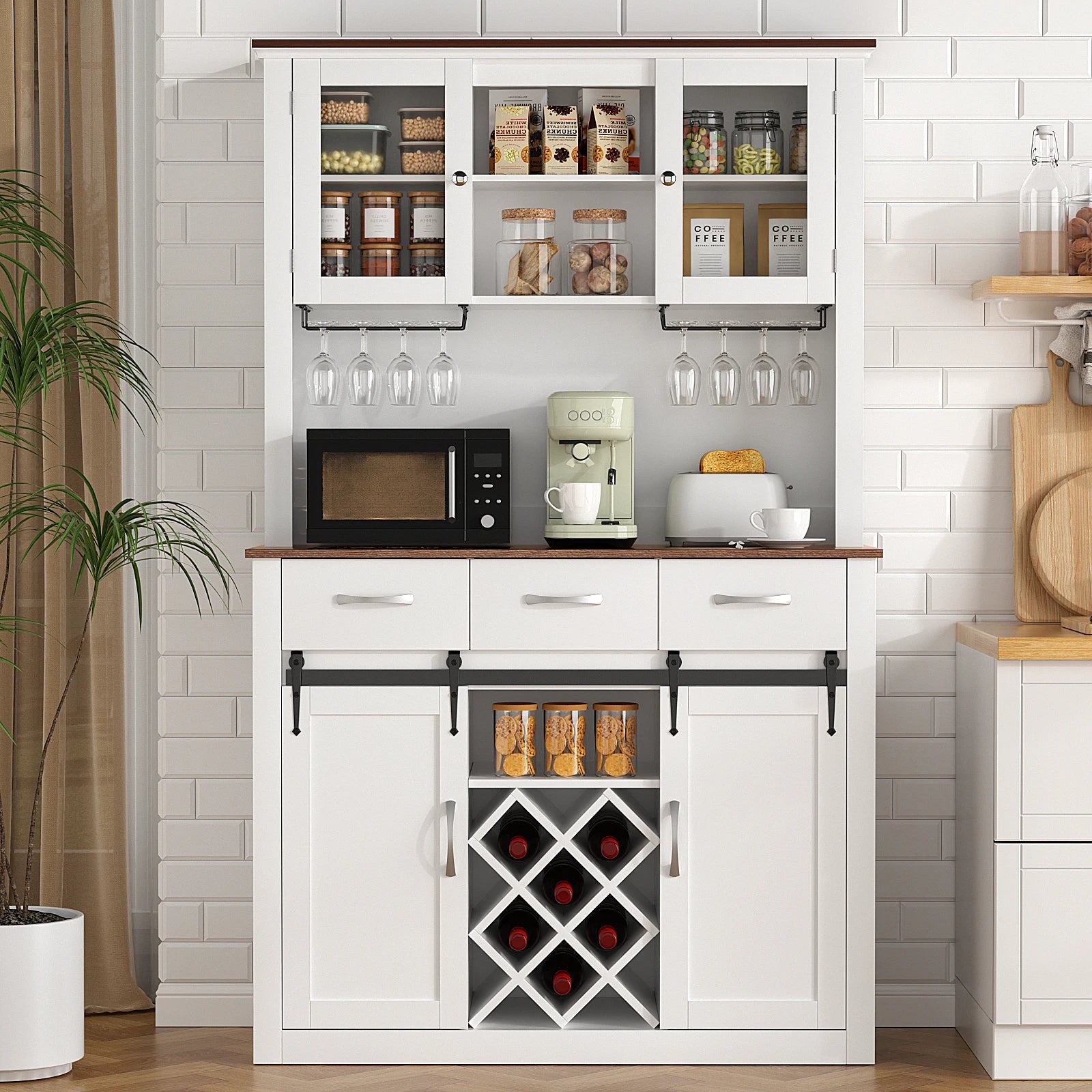 VOWNER 72" Tall Farmhouse Bar Cabinet with Sliding Barn Doors,