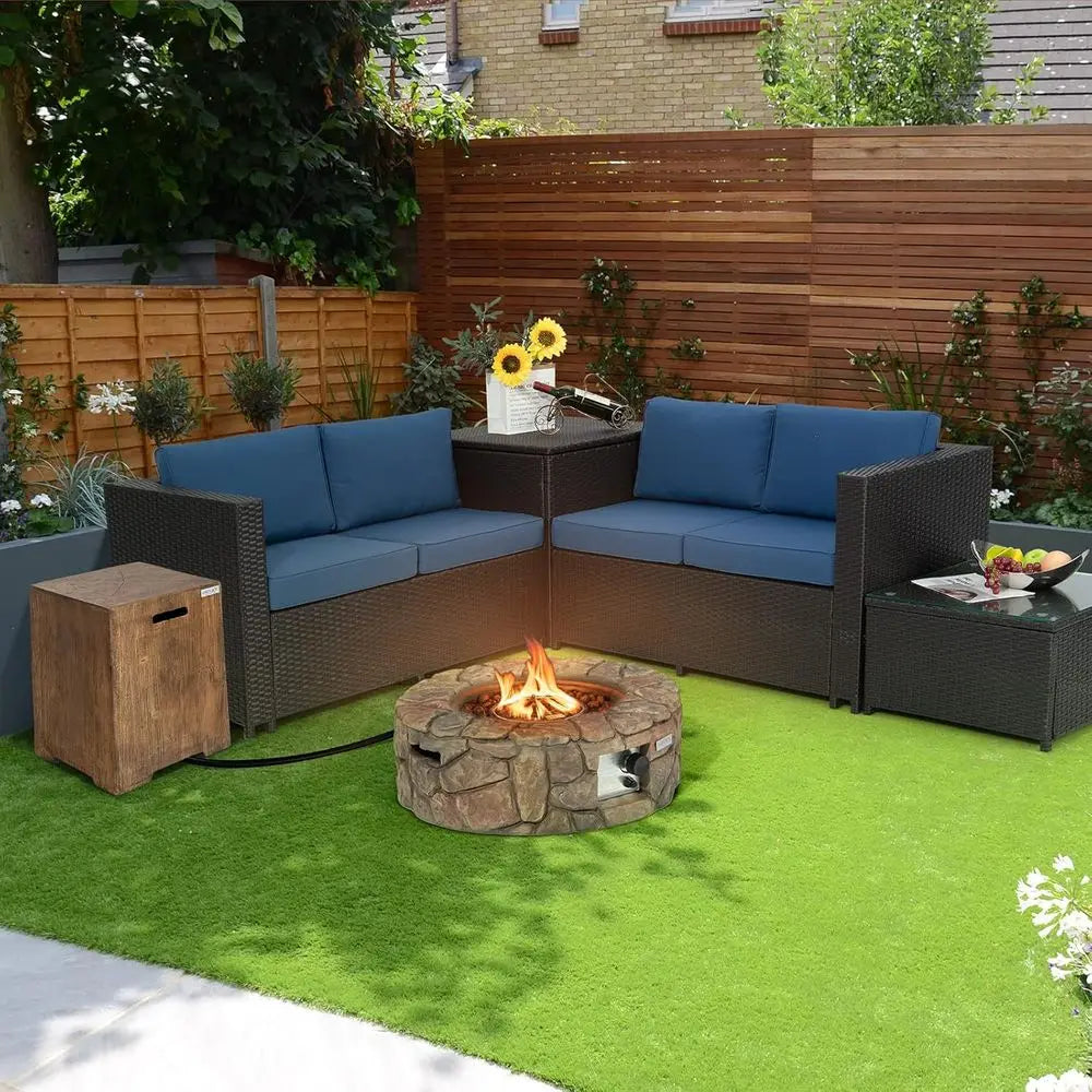 28 Inch Round Propane Gas Fire Pit, 40,000 BTU Stone Look Outdoor Propane Fire Pit with Lava Rocks & PVC Cover,