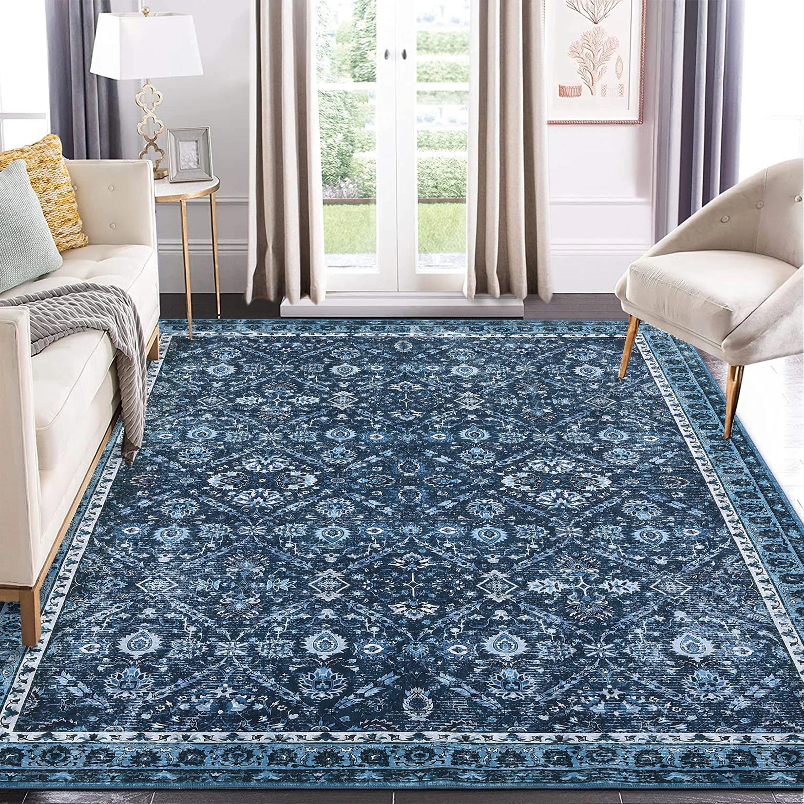 Blue and White Living Room Area Rug