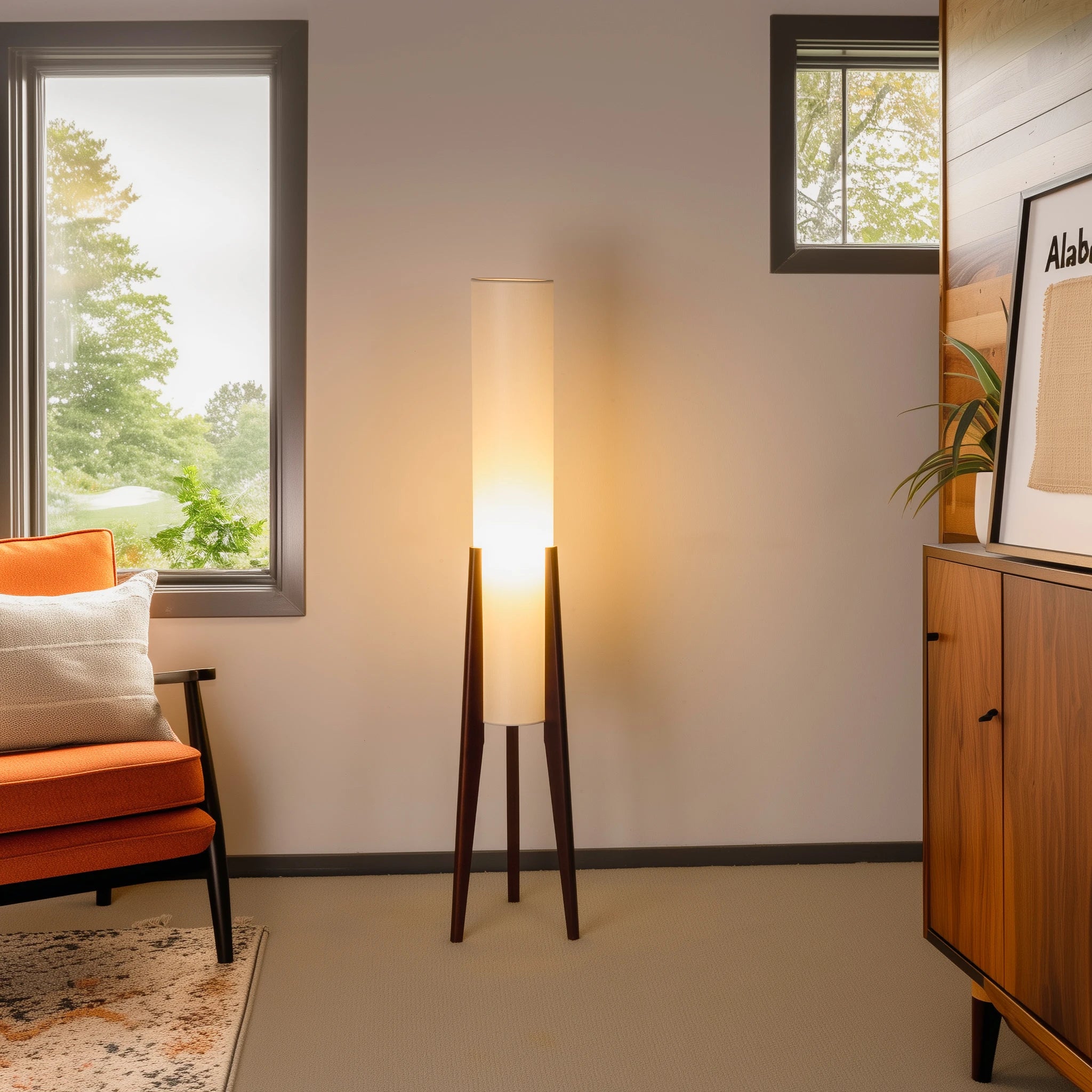 Fabric Floor Lamp Wood Finish Tripod, Cylinder Shade Tall Standing Lamp, Rustic Living Room Floor Lamp, Vintage Style Standing L