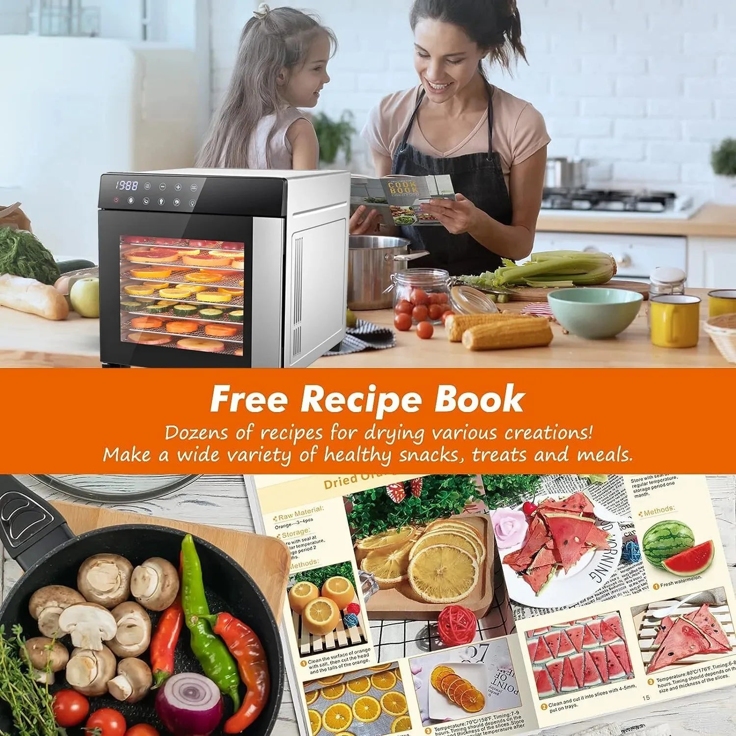 Stainless Steel Food Dehydrator w/8-Tray, 600W with 4 Presets & Digital Timer