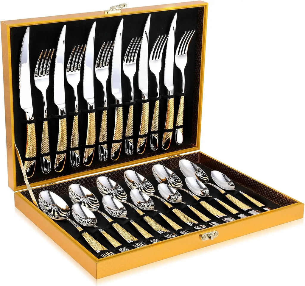 24-Piece Hammered Silver Gold Stainless Steel Flatware Set for 6,