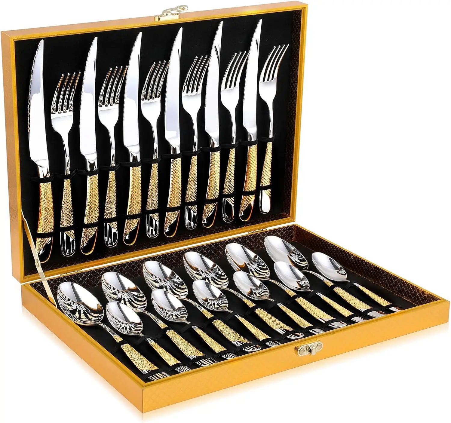 24-Piece Hammered Silver Gold Stainless Steel Flatware Set for 6,