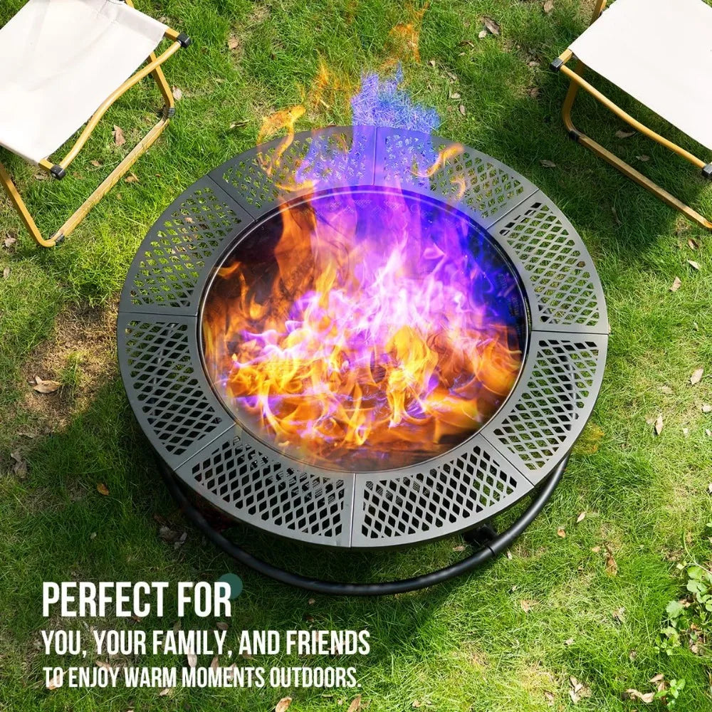 36 Inch Round Metal Wood Burning Fire Pit with Grill,  with Lid & Fire Poker